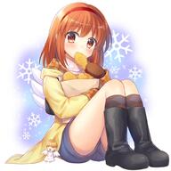 1_female 1girl angel argyle argyle_background backpack bag black_footwear blue_shorts boots brown_hair brown_mittens clothing commentary_request danbooru eyes female food footwear full-length_portrait full_body hair hairband kanon kneehighs legwear long_sleeves looking_at_viewer mittens nakamura_hinato point_of_view red_eyes ribbed_sweater safe school_uniform short_hair shorts simple_background sitting snowflake_background solo sweater taiyaki topwear tsukimiya_ayu uniform wagashi white_background white_sweater // 1000x998 // 85.0KB