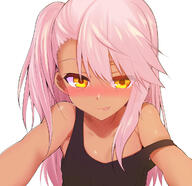 1_female armpits asymmetrical_bangs asymmetrical_hair bangs blush breasts brown_skin chloe_von_einzbern collarbone commentary dark-skinned_female dark_skin eyebrows eyebrows_visible_through_hair eyes_visible_through_hair face facial_expression fate fatekaleid_liner_prisma_illya fate_(series) fate_kaleid_liner_prisma_illya female female_focus flat_chest fringe girl hair hair_between_eyes kuro_(fate_kaleid_liner) licking licking_lips lips lolibooru.moe long_hair looking_at_viewer naughty_face neck nose_blush off_shoulder one_side_up outstretched_arms payot pink_hair ponytail portrait questionable safe sankaku sankaku_channel sen_(astronomy) shiny shiny_skin side_ponytail simple_background single small_breasts smile solo strap_slip tank_top tied_hair tongue tongue_out tsurime upper_body white_background yellow_eyes // 1200x1163 // 254.9KB