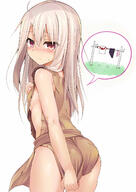 1_female 1girl alternate_costume ass bangs bare_arms blush bodily_fluids breasts brown_hair closed_mouth commentary covering covering_ass embarrassed eyebrows eyebrows_visible_through_hair eyes eyes_visible_through_hair fate fatekaleid_liner_prisma_illya fate_(series) fate_kaleid_liner_prisma_illya female hair hair_between_eyes high_resolution highres illyasviel_von_einzbern light_brown_hair lolibooru.moe long_hair looking_at_viewer looking_back no_bra no_panties questionable rags red_eyes sankaku sankaku_channel sen_(astronomy) sideboob simple_background sleeveless small_breasts solo sweat sweatdrop white_background // 1000x1412 // 490.6KB