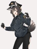 animal_ears animal_tail black_gloves black_hair braid_(braids) dog_ears dog_girl dog_tail fang_(fangs) fringe girl gloves grey_background grey_eyes hair_between_eyes long_hair looking_at_viewer open_mouth original peaked_cap police_uniform simple_background single sino42 tail tall_image twin_braids uniform // 926x1230 // 575.6KB