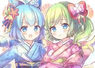 2girls ahoge alternate_costume alternative_costume blue_bow blue_eyes blue_hair blue_kimono blue_ribbon blush bow cirno closed_mouth commentary_request d daiyousei eyebrows eyebrows_visible_through_hair eyes face facial_expression fairy_wings fan female floral_print flower green_hair hair hair_bow hair_flower hair_ornament hand_fan ice ice_wings japanese_clothes kimono lolibooru.moe looking_at_viewer multiple_females multiple_girls one_side_up open-mouth_smile open_mouth pink_bow pink_kimono pjrmhm_coa ribbon robe safe shawl short_hair simple_background smile touhou touhou_project upper_body v-shaped_eyebrows wafuku white_background wide_sleeves wings // 1000x715 // 157.7KB