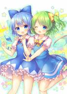 2girls ;d ahoge asymmetrical_hair bangs bare_knees blue_bow blue_dress blue_eyes blue_hair blue_ribbon blue_wings blush bobby_socks bow breasts cirno clothing coa collar collared_shirt commentary_request d daiyousei danbooru dress duo explicit eyebrows eyebrows_visible_through_hair eyes face facial_expression fairy fairy_wings female footwear frilled_dress frills green_hair hair hair_between_eyes hair_bow hair_ornament hair_ribbon happy headdress headwear ice ice_wings knees legs legwear long_hair multiple_females multiple_girls neck neck_ribbon neckwear one_eye_closed one_side_up open-mouth_smile open_mouth outstretched_arm partial_commentary pjrmhm_coa ponytail puffy_short_sleeves puffy_sleeves red_neckwear red_ribbon ribbon safe safebooru shirt short short_hair short_sleeves side_ponytail skirt sleeveless sleeveless_dress sleeves small_breasts smile socks standing standing_on_one_leg standing_position star star_(symbol) stars tied_hair touhou touhou_project transparent_wings white_legwear white_shirt wings wink yellow_bow yellow_ribbon // 714x1000 // 911.7KB