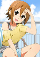 1_female 1girl alternate_hairstyle alternative_hairstyle between_legs blush brown_eyes brown_hair casual explicit eyes face facial_expression female hair hair_down hand_between_legs happy indian-style_sitting indian_style k-on! kisuke_(akutamu) legwear open_mouth safe short_hair shorts sitting sky smile solo tainaka_ritsu tank_top water // 600x850 // 147.9KB