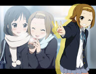 2girls akiyama_mio brown_eyes brown_hair can canned_coffee clothing coffee commentary_request eyes face facial_expression female grin hair hairband k-on! kisuke_(akutamu) multiple_females multiple_girls safe sakuragaoka_high_school_uniform scarf school_uniform short_hair smile tainaka_ritsu uniform v // 830x641 // 240.1KB