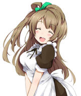 1 10s 1_female 1girl ^_^ alternate_costume alternative_costume apron asymmetrical_hair blush brown_hair chata_maru_(irori_sabou) chatamaru closed_eyes clothing enmaided explicit eyes_closed female happy headdress long_hair love_live! love_live!_(series) love_live!_school_idol_project maid maid_apron maid_attire maid_headdress minami_kotori open_mouth pixiv_43817394 ponytail ribbon safe sankaku_channel side_ponytail simple_background solo tied_hair topknot waitress white_background ジェットストリームことりちゃん // 839x1000 // 85.8KB