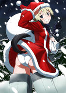 animal_tail ass blonde_hair blue_eyes erica_hartmann from_behind girl grin hat highres light_erotic looking_at_viewer looking_back makicha_makinote panties pink_x sack salute santa_claus_costume santa_claus_hat short_hair single smile snow snowing strike_witches tail tall_image underwear white_panties 牧茶 // 2898x4091 // 4.9MB