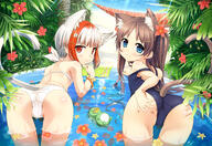 2girls animal_ears ass blue_eyes brown_hair catgirl catperson cura ears eyes feline_characteristics female hair konachan loli lose monobeno multiple_females pool questionable red_eyes red_hair sawai_natsuha sumi_(monobeno) water wet white_hair young // 6750x4657 // 5.3MB