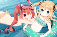 2_girls animal_ears back bare_belly bare_shoulders blonde_hair blue_eyes blush borrowed_character eyebrows fringe girl glasses hair_ribbon hazuki_watora highres lace light_erotic long_hair looking_at_viewer lying muku_(muku-coffee) multiple_girls navel one_eye_closed open_mouth original purple_eyes red_hair ribbon_(ribbons) sea shimotsuki_potofu swim_ring swimsuit twintails water wink // 1719x1138 // 1.7MB