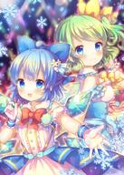 2girls 3 ahoge alternate_costume alternative_costume arms_raised_up arms_up asymmetrical_hair back-to-back badge blue_eyes blue_hair blurry blurry_background blush bow bowtie button_badge cirno commentary_request daiyousei depth_of_field detached_sleeves dress eyebrows eyebrows_visible_through_hair eyes face facial_expression fairy_wings female flower glowstick green_hair hair hair_bow hair_flower hair_ornament hair_tie idol_clothes looking_at_viewer looking_back multiple_females multiple_girls neck neckwear open_mouth outstretched_hand overskirt pink_dress pjrmhm_coa point_of_view ponytail puffy_short_sleeves puffy_sleeves red_bow red_neckwear safe short short_hair short_sleeves side_ponytail sleeves smile snowflakes stage_lights standing standing_position tied_hair touhou touhou_project upper_body wings wrist_cuffs yellow_bow yellow_neckwear // 714x1000 // 1.0MB