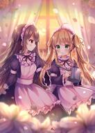 2girls apron bangs black_dress black_ribbon blurry blurry_background blurry_foreground blush brown_hair clothing coa commentary_request creation curtains depth_of_field dress eyebrows eyebrows_visible_through_hair eyes face facial_expression female flower frilled_apron frills garrison_cap green_eyes hair hair_between_eyes hair_ornament hair_ribbon headdress headwear holding holding_hair in_profile indoors inside layered_sleeves light_brown_hair long_hair long_sleeves maid maid_apron maid_attire maid_headdress multiple_females multiple_girls neck_ribbon o open_mouth original original_character parted_lips petals pjrmhm_coa profile puffy_short_sleeves puffy_sleeves red_eyes ribbon safe shiroyagisannkara short short_over_long_sleeves short_sleeves sleeves smile sunset tied_hair transparent twintails very_long_hair watering_can white_apron white_flower window メイド勤務初日 // 714x1000 // 845.2KB