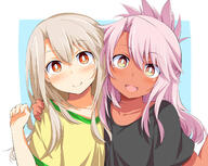 2girls 54_aspect_ratio 5_4_aspect_ratio alternate_costume alternative_costume bangs black_shirt blonde_hair blue_background blush breasts brown_skin chata_maru_(irori_sabou) chloe_von_einzbern clavicle clothing collarbone commentary commentary_request d danbooru dark-skinned_female dark_skin eyebrows eyebrows_visible_through_hair eyes face facial_expression fate fategrand_order fatekaleid_liner_prisma_illya fate_(series) fate_grand_order fate_kaleid_liner_prisma_illya female green_shirt hair hair_between_eyes hand_on_another's_shoulder head_tilt illyasviel_von_einzbern lolibooru.moe long_hair looking_at_viewer multiple_females multiple_girls neck open_mouth pink_hair point_of_view red_eyes safe sankaku_channel shirt short short_sleeves simple_background sleeves smile upper_body white_background // 1500x1199 // 190.7KB