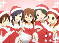 5_females 5girls ball black_eyes black_hair brown_eyes brown_hair christmas christmas_outfit clothing extra eyes female hair hair_tie hat hatasuke headwear k-on! kisuke_(akutamu) long_hair multiple_females multiple_girls nakanishi_toshimi one_eye_closed open_mouth saeki_mika safe santa_costume santa_hat satou_akane short_hair sparkle taki_eri tied_hair twintails volleyball wajima_maki wink // 900x667 // 300.5KB