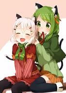 2_girls 2girls ^_^ adjusting_hair animal_ears animal_tail black_legwear black_thighhighs black_tights blush cat_ears cat_girl cat_tail cloak closed_eyes dress ears explicit eyes eyes_closed face facial_expression female flower garrison_cap girl green_eyes green_hair hair hair_flower hair_ornament hairclip hairpin hana_(muku) happy high_resolution jewelry kneeling legwear lesbian long_hair mouth_hold muku_(muku-coffee) multiple_females multiple_girls neckerchief nekomimi open_mouth original original_character pantyhose pixiv_39172850 poncho ribbon safe sankaku_channel scarf shiro_(muku) short_hair sitting skirt smile tail tall_image thigh-highs thighhighs wariza white_hair yuri むく コミティア106 仲良しねこねこ // 1253x1770 // 1.1MB