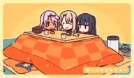 3girls blonde_hair chloe_von_einzbern cup dark_blue_hair fate fategrand_order fatekaleid_liner_prisma_illya female gelbooru hair illyasviel_von_einzbern kotatsu miyu_edelfelt multiple_females om_nom_nom pink_hair purple_hair safe table yoru_nai // 730x428 // 123.6KB