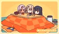 3_females blonde_hair chloe_von_einzbern cup dark_blue_hair fate fategrand_order fatekaleid_liner_prisma_illya female gelbooru hair illyasviel_von_einzbern kotatsu miyu_edelfelt multiple_females om_nom_nom pink_hair purple_hair safe table yoru_nai // 730x428 // 123.6KB