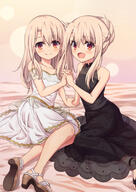 07201115 2girls bangs bare_arms bare_shoulders bed_sheet black_dress blonde_hair blush braid clothing collarbone commentary crown_braid d dress dual_persona eyebrows eyebrows_visible_through_hair eyes face facial_expression fate fatekaleid_liner_prisma_illya female female_only footwear hair hair_between_eyes hair_up hand_holding heels high_heels illyasviel_von_einzbern interlocked_fingers lolibooru.moe looking_at_viewer morokoshi_(tekku) multiple_females neck off-shoulder_dress off_shoulder official_style open_mouth open_smile questionable red_eyes safe shoes shoulders sitting sleeveless sleeveless_dress smile tied_hair white_dress イリヤスフィール(プリズマ☆イリヤ) プリズマ☆イリヤ1000users入り モロコシ 白イリヤ×黒イリヤ // 1240x1754 // 1.1MB
