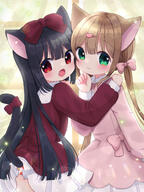 2girls 3 animal_ears animal_tail backlighting bangs black_hair blunt_bangs bow brown_hair cardigan cat_ears cat_tail catgirl clothing dress ears eyebrows eyebrows_visible_through_hair eyes face facial_expression fang feline_characteristics female gelbooru green_eyes hair hair_between_eyes hair_bow hair_ornament hairclip hand_on_another's_shoulder heads_together high_resolution long_hair long_sleeves multiple_females nekomura_yuyuko o open_mouth original panties panty_peek pink_dress pleated_skirt red_bow red_eyes safe shiny shiny_hair shirt sidelocks skirt smile standing_position straight_hair tail tail_bow tail_ornament tail_raised thighhighs tied_hair twintails underwear white_shirt white_skirt window // 1668x2224 // 2.3MB