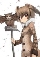 10s 1_female 1girl animal avian bad_id bad_pixiv_id bird brown_eyes brown_hair coat commentary creature_and_personification eurasian_eagle_owl eurasian_eagle_owl_(kemono_friends) explicit eyebrows eyebrows_visible_through_hair eyes female fur fur_collar hair hair_between_eyes head_wings ichihyaku_nanajuu kemono_friends long_sleeves owl short_hair staff wings // 707x1000 // 166.5KB