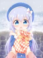2girls araki495 bangs beret blue_coat blue_eyes blue_hair blue_headwear blurry blurry_background blush brown_scarf chestnut_mouth clothing coat commentary_request depth_of_field eyebrows eyebrows_visible_through_hair eyes female female_point_of_view female_pov gochuumon_wa_usagi_desu_ka gochuumon_wa_usagi_desu_ka? hair hair_between_eyes hair_ornament hat headwear high_resolution highres holding kafuu_chino lolibooru.moe long_hair long_sleeves multiple_females multiple_girls open_mouth outstretched_arm point_of_view pov questionable safe scarf snow snowing solo_focus stone_wall very_long_hair wall x_hair_ornament // 1520x2030 // 2.5MB