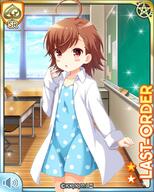 1girl blue_dress blush_stickers brown_eyes brown_hair card character_name classroom closed_hands clothing day dress eyes female girl_friend_beta indoors last_order o official_art open_mouth oversized_clothes oversized_shirt pointing pointing_at_self qp_flapper sandals shirt to_aru_kagaku_no_railgun to_aru_majutsu_no_index white_shirt window // 640x800 // 81.2KB