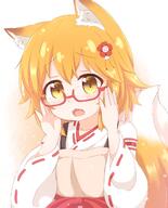 1_female 1girl animal_ears animal_tail apron araki495 bangs bespectacled blonde_hair blush brown_apron brown_eyes commentary_request ears eyebrows eyebrows_visible_through_hair eyes eyewear fang female flower fox_ears fox_girl fox_tail glasses glasses_senko-san._[sewayaki_kitsune_no_senko-san] hair hair_between_eyes hair_flower hair_ornament hands_up highres japanese_clothes kimono lolibooru.moe long_sleeves looking_at_viewer open_mouth red-framed_eyewear red_flower ribbon-trimmed_kimono ribbon-trimmed_sleeves ribbon_trim safe semi-rimless_eyewear senko_(sewayaki_kitsune_no_senko-san) sewayaki_kitsune_no_senko-san solo tail tail_raised under-rim_eyewear upper_body white_kimono wide_sleeves yellow_tail めがね仙狐さん 世話やきキツネの仙狐さん 仙狐さん 理紅 // 1062x1312 // 868.4KB