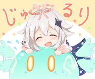 1_female 1girl ^_^ afterimage araki495 bangs blush bodily_fluids brown_background closed_eyes commentary_request dress drooling eyebrows eyebrows_visible_through_hair female flailing flying_sweatdrops genshin_impact grey_hair hair hair_between_eyes halo lolibooru.moe long_sleeves mouth_drool open_mouth outline paimon_(genshin_impact) revision safe saliva sankaku_channel simple_background slime_(genshin_impact) translation_request two-tone_background white_background white_dress white_outline // 1236x1024 // 721.5KB