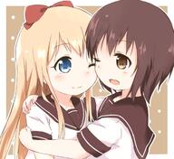 2girls araki495 atfbooru.ninja blonde_hair blue_eyes booru bow brown_background brown_eyes brown_hair cheek-to-cheek cheek_to_cheek clothing d eyes face facial_expression female funami_yui hair hair_bow hair_ornament heads_together loli lolibooru.moe long_hair multiple_females multiple_girls nanamori_school_uniform one_eye_closed open_mouth pixiv_50505567 pixiv_89056 safe sailor_uniform school_uniform schoolgirl_uniform serafuku short_hair simple_background smile toshinou_kyouko uniform young yuru_yuri ゆいきょ 理紅 // 730x671 // 387.2KB