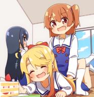 3 3girls ahoge black_hair blonde_hair blue_eyes blush bow brown_eyes brown_hair cake closed_eyes clothing cloud commentary d day dress eating eyebrows eyebrows_visible_through_hair eyes face facial_expression fang fangs female female_on_top food hair heart_ahoge high_resolution himesaka_noa hoshino_hinata kneehighs legwear long_hair looking_at_another looking_back lying manse multiple_females on_stomach open_mouth reaching safe sailor_collar sailor_dress school_uniform shirosaki_hana skin_fang sky smile uniform watashi_ni_tenshi_ga_maiorita! white_legwear white_sailor_collar window まんせ // 2035x2099 // 2.2MB