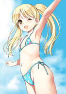 1_female 1girl arm_up armpits bare_arms bare_legs bare_shoulders bikini bikini_day blonde_hair blue_bikini blue_sky blue_swimsuit blush clothing cloud clouds day face facial_expression fang female flat_chest floral_print from_below hair halterneck high_resolution highres jiji jiji-sama jiji_aardvark legs lolibooru.moe long_hair looking_at_viewer navel one_eye_closed open_mouth original outdoors outside print_bikini print_swimsuit safe sankaku shoulders side-tie_bikini sky smile solo stomach string_bikini swimsuit swimwear tied_hair twintails viewed_from_below yellow_eyes // 860x1214 // 204.0KB