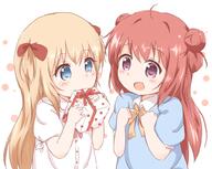 2girls 54_aspect_ratio 5_4_aspect_ratio ahoge akaza_akari araki495 blonde_hair blue_eyes bow box clenched_hands double_bun eyes female gift gift_box hair hair_bow hair_intakes hair_ornament multiple_females multiple_girls open_mouth pixiv_64045850 pixiv_89056 purple_eyes ribbon safe toshinou_kyouko translated younger yuru_yuri あかりちゃんおめでとう！ 理紅 // 1002x799 // 550.3KB