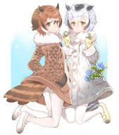 10s 2_girls 2girls ass bird_girl black_hair blonde_hair blush brown_eyes brown_hair closed_mouth coat eurasian_eagle_owl_(kemono_friends) explicit eyebrows eyebrows_visible_through_hair eyes face facial_expression female flower flower_(flowers) footwear fringe full-length_portrait full_body fumako fur fur_collar girl gloves hair hair_between_eyes hand_in_pocket hands_in_pockets kemono_friends kneeling legs_up legwear light_erotic long_sleeves mary_janes multiple_females multiple_girls northern_white-faced_owl_(kemono_friends) pantyhose safe shiosoda shoes short_hair silver_hair smile tail tall_image two_side_up white_footwear white_legwear white_pantyhose white_shoes yellow_footwear yellow_gloves yellow_shoes // 816x925 // 492.1KB