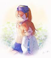 2girls ahoge artist_name bangs black_skirt blue_dress bob_cut brown_hair brown_sweater_vest closed_eyes closed_mouth clothing coat commentary dress dress_shirt female foliage goggles goggles_on_head gradient_border hair hair_between_eyes hair_strand hands_on_lap heads-up_display high_resolution highres labcoat last1031t last_order misaka_imouto multiple_females multiple_girls parted_lips peaceful pleated_skirt polka_dot school_uniform shirt short_hair signature sitting skirt sleeping to_aru_kagaku_no_railgun to_aru_majutsu_no_index uniform white_coat white_shirt // 1200x1349 // 127.1KB