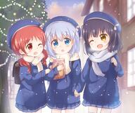 3girls ;d araki495 blue_hair blue_hat breath chimame-tai coat face facial_expression female gelbooru gochiusa gochuumon_wa_usagi_desu_ka gochuumon_wa_usagi_desu_ka? hair hair_ornament hand_holding hat headwear jouga_maya kafuu_chino light_blue_hair lolibooru.moe long_hair multiple_females multiple_girls natsu_megumi o one_eye_closed open_mouth pixiv_66150987 pixiv_89056 red_hair safe scarf smile snow snowing tied_hair twin_tails twintails winter winter_clothes x_hair_ornament yellow_eyes 帰ったらパーティーだよ！ 理紅 // 1226x1025 // 1.4MB