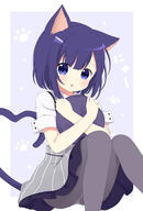 1_female animal_ears animal_tail bangs black_legwear blue_eyes blue_hair blush cat_ears cat_tail clothing diagonal_stripes dress ears eyebrows eyebrows_visible_through_hair eyes female gochuumon_wa_usagi_desu_ka? hair hair_ornament hairclip hinata holding legwear looking_at_viewer o open_mouth panties pantyhose parted_lips safe shirt short short_sleeves sleeves solo striped striped_background tail underwear user_pejx8385 vertical-striped_dress vertical-striped_skirt vertical_stripes white_shirt ふゆにゃん フユ 猫の日 風衣葉冬優 // 1200x1778 // 576.0KB