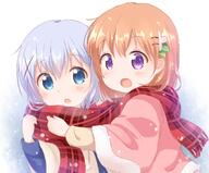 2girls araki495 bangs blue_eyes blue_hair blue_jacket blush brown_capelet brown_hair brown_jacket capelet commentary_request explicit eyebrows eyebrows_visible_through_hair eyes female flower fur fur-trimmed_capelet fur_trim gelbooru gochiusa gochuumon_wa_usagi_desu_ka gochuumon_wa_usagi_desu_ka? hair hair_between_eyes hair_clip hair_flower hair_ornament hairclip hoto_cocoa jacket kafuu_chino light_brown_hair long_hair long_sleeves looking_at_viewer looking_to_the_side multiple_females multiple_girls o open_mouth pattern pink_capelet pink_flower pixiv_72144642 pixiv_89056 plaid plaid_scarf point_of_view pom_pom_(clothes) purple_eyes red_neckwear red_scarf safe scarf shared_scarf upper_body x_hair_ornament ココチノ巻きだよ～ 理紅 // 1381x1145 // 1.1MB