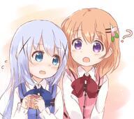 10s 2girls araki495 bangs blue_bow blue_bowtie blue_eyes blue_hair blue_neckwear blue_vest blush bow bowtie box buttons clothing collar collared_shirt commentary_request embarrassed explicit eyebrows eyebrows_visible_through_hair eyes female flying_sweatdrops gelbooru gift gift_box gochiusa gochuumon_wa_usagi_desu_ka gochuumon_wa_usagi_desu_ka? gradient gradient_background hair hair_clip hair_ornament hairclip holding holding_gift hoto_cocoa kafuu_chino light_blue_hair lolibooru.moe long_hair long_sleeves looking_at_another multiple_females multiple_girls neck neckwear o open_mouth orange_hair pattern pink_ribbon pink_vest pixiv_62341434 pixiv_89056 plaid purple_eyes question_mark rabbit_house_uniform red_bow red_bowtie red_neckwear ribbon safe shirt short_hair sidelocks simple_background upper_body vest wavy_mouth white_shirt wing_collar x_hair_ornament チノちゃんなぁに？ 理紅 // 744x658 // 441.2KB