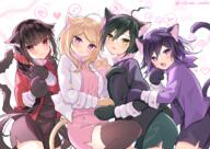 2boys 2girls 3 akamatsu_kaede alternate_costume animal_ears animal_hands bangs black_jacket black_legwear black_shorts black_skirt blush brown_eyes brown_hair cat_boy cat_ears cat_girl cat_tail collar commentary_request d danganronpa danganronpa_(series) danganronpa_v3_killing_harmony ears eyebrows_visible_through_hair fang hair_between_eyes harukawa_maki heart jacket kemonomimi_mode long_hair long_sleeves multicolored_hair multiple_boys multiple_girls new_danganronpa_v3 open_mouth ouma_kokichi pink_eyes pink_jacket pink_skirt pout red_jacket red_scrunchie saihara_shuuichi scrunchie shikitani_asuka shirt_tucked_in short_shorts shorts sketch skin_fang skirt smile spoken_heart tail thighhighs twitter_username two-tone_hair white_collar white_jacket どの子をお迎えする？ ニューダンガンロンパv3_1000users入り 最原終一 王馬小吉 // 1055x750 // 855.6KB