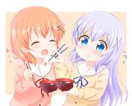 2girls araki495 bangs blue_eyes blue_hair blue_ribbon blush bowl brown_background brown_hair brown_sweater chopsticks closed_eyes closed_mouth clothing commentary_request eating eyebrows eyebrows_visible_through_hair eyes female flying_sweatdrops gochuumon_wa_usagi_desu_ka gochuumon_wa_usagi_desu_ka? hair hair_between_eyes hair_ornament hairclip high_resolution highres holding holding_bowl holding_chopsticks hoto_cocoa kafuu_chino lolibooru.moe long_hair long_sleeves mochi multiple_females multiple_girls neck_ribbon open_mouth pink_sweater red_ribbon ribbon safe sailor_collar school_uniform schoolgirl_uniform serafuku simple_background sweater t topwear two-tone_background uniform upper_body very_long_hair wavy_mouth white_background white_sailor_collar // 1600x1280 // 1.2MB