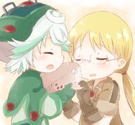 2girls araki495 bangs blonde_hair brown_background brown_gloves brown_jacket closed_eyes clothing collared_jacket commentary_request creature danbooru eyebrows eyebrows_visible_through_hair eyes_closed eyewear female gelbooru glasses gloves gradient_hair green_gloves green_hair green_headwear green_shirt hair holding jacket long_hair low_twintails made_in_abyss megane meinya_(made_in_abyss) multicolored_hair multiple_females multiple_girls open_mouth pixiv_78988361 pixiv_89056 prushka prushka_(made_in_abyss) riko_(made_in_abyss) safe shirt short short_sleeves silver_hair simple_background sleeves teeth tied_hair twintails upper_body upper_teeth メイニャもふもふ 理紅 // 984x912 // 822.4KB
