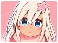 1_female blue_eyes blush censored collarbone eyes female flower hair_flower hair_ornament kantai_collection lolibooru.moe long_hair looking_at_viewer neck o open_mouth out-of-frame_censoring pink_background ro-500_(kantai_collection) safe simple_background solo yoru_nai // 1029x769 // 109.5KB