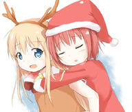 2_females 2girls akaza_akari antlers araki495 atfbooru.ninja blonde_hair blue_eyes carrying christmas christmas_outfit closed_eyes explicit eyes female hair hat headwear horns loli lolibooru.moe long_hair multiple_females multiple_girls open_mouth piggyback red_hair safe santa_hat short_hair sleeping toshinou_kyouko young yuru_yuri // 871x740 // 325.8KB