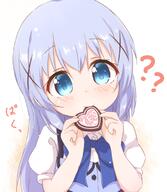 1_female 1girl ?? araki495 bangs blue_bow blue_eyes blue_hair blue_vest blush bow candy chocolate chocolate_heart closed_mouth clothing collar collared_shirt commentary_request dress_shirt eyebrows eyebrows_visible_through_hair eyes female food food_in_mouth gochuumon_wa_usagi_desu_ka gochuumon_wa_usagi_desu_ka? hair hair_between_eyes hair_ornament hands_up heart heart-shaped_chocolate holding holding_food kafuu_chino lolibooru.moe long_hair looking_at_viewer puffy_short_sleeves puffy_sleeves rabbit_house_uniform safe shirt short short_sleeves sleeves solo translated translation_request uniform upper_body vest waitress white_shirt x_hair_ornament yes // 599x687 // 324.1KB