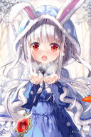 1_female 1girl animal_ears animal_hood bangs blue_capelet blue_dress blunt_bangs bunny_ears capelet clothing cold commentary_request dress ears eyebrows eyebrows_visible_through_hair eyes female fingernails forest fujima_takuya gelbooru hair hood isekai_ni_tobasaretara_papa_ni_nattandaga long_hair looking_at_viewer mocochin nature open_mouth orurea_(isepapa) outdoors outside rabbit_ears red_eyes safe snow solo twitter_username white_hair いせパパ応援イラスト_雪の日もパパと…… 異世界に飛ばされたらパパになったんだが 藤真拓哉@シグルリ 騎士的公主養成 // 779x1169 // 255.0KB