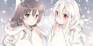 2_girls 2girls aqua_eyes bad_id bad_twitter_id blush braid_(braids) breath brown_hair chiya_(urara_meirochou) commentary_request creature exhalation eyes face facial_expression female fringe girl hair_between_eyes hands_clasped hands_together harikamo long_hair looking_at_viewer multiple_females multiple_girls o open_mouth own_hands_together payot red_eyes safe single_braid smile snow snowflake_(snowflakes) snowing tatsumi_kon urara_meirochou very_long_hair white_hair wide_image wide_sleeves winter winter_clothes // 1000x500 // 80.2KB