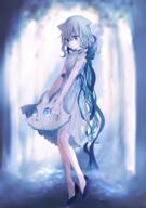 1girl animal_ear_fluff animal_ears bangs blue_bow blue_eyes blue_ribbon bow closed_mouth dress dress_bow highres koneko_mari long_hair looking_down medium_dress original ribbon signature solo sundress very_long_hair // 868x1230 // 1.2MB