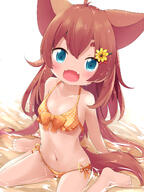 2018 ahoge animal_ears animal_tail antenna_hair bangs barefoot bikini blue_eyes blush bow brown_hair commentary commentary_request dog_ears dog_girl dog_tail hair_flower hair_ornament hairclip head_tilt high_resolution loli long_hair looking_at_viewer makuran momiji_(makuran) navel orange_bikini orange_bow original original_character partially_submerged pixiv_70541656 pixiv_899657 polka_dot polka_dot_bikini polka_dot_swimsuit sankaku_channel side-tie_bikini sitting skyme small_breasts smile solo swimsuit tail wariza water wet x_hair_ornament yellow_flower もみじ 夏もみじ ｍ－くん // 1200x1600 // 1.4MB
