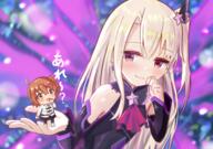 2girls ahoge bangs bare_shoulders black_dress blush breasts chaldea_uniform chibi dark_persona dress earrings eyes face facial_expression fate fategrand_order fatekaleid_liner_prisma_illya fate_(series) fate_grand_order fate_kaleid_liner_prisma_illya female fujimaru_ritsuka_(female) hair highres illyasviel_von_einzbern jewelry lolibooru.moe long_hair magical_girl multiple_females multiple_girls one_side_up orange_eyes orange_hair pan_korokorosuke prisma_illya purple_eyes safe short_hair shoulders small_breasts smile star star_(symbol) star_earrings testament_(fate) white_hair // 2867x2017 // 4.7MB