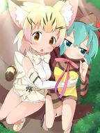 10s 2girls ahoge animal_ears animal_tail anthropomorphism aqua_eyes aqua_hair armwear bare_shoulders belt between_legs blonde_hair blue_eyes blue_hair blush bow bowtie brown_eyes cat_ears cat_tail closed_mouth clothing commentary_request day duo ears elbow_gloves explicit extra_ears eyebrows eyebrows_visible_through_hair eyes fang fangs female female_only finger_to_cheek footwear from_above geta gloves hair hair_between_eyes hand_between_legs heels high_heels high_resolution highres hood hoodie hug japanese_clothes kemono_friends lesbian looking_at_viewer looking_to_the_side makuran miniskirt multiple_females multiple_girls neckwear nekomimi o open_mouth outdoors outside pixiv_66145695 pixiv_899657 point_of_view print_bow print_gloves print_neckwear print_skirt safe sand_cat sand_cat_(kemono_friends) sand_cat_print sandals sankaku_channel shirt shoes short_hair shoulders sitting skirt skyme sleeveless sleeveless_shirt sunlight tail tsuchinoko tsuchinoko_(kemono_friends) viewed_from_above white_bow white_neckwear yellow_eyes yuri | さばくコンビ そしてこのプロフ絵である スナツチ スナツチをすこれ スナネコ(けものフレンズ) ツチノコ(けものフレンズ) ｍ－くん // 1200x1600 // 1.3MB