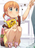 1_female 1_male backpack bag bag_charm bandage bandaid bandaid_on_knee blue_pants blurry blurry_background blush brown_hair charm_(object) closed_mouth clothing commentary_request creation depth_of_field eyes face facial_expression female food-themed_hair_ornament food_themed_hair_ornament footwear green_eyes hair_ornament hifumi hifumin091 high_resolution jabittoson legwear loli male object_hug original out_of_frame overall_skirt panties pants pantyshot pantyshot_(squatting) pink_footwear safe shirt shoes short short_sleeves short_twintails sleeves smile socks solo_focus sparkle squatting strawberry_hair_ornament tied_hair tile_floor tiles twintails underwear white_legwear white_panties white_shirt white_underwear 知らないお兄さんでも容赦なく買わせようとするお菓子系ょぅι゛ょ // 1206x1632 // 1.7MB