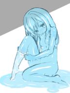 1girl blue_eyes blue_hair clothing curss female female_only female_solo footwear goo_girl looking_at_viewer lue_skin monster_girl navel nude puddle slime slime_monster socks solo // 768x1024 // 335.0KB